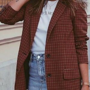 RARE LIKE NEW! Zara Burgundy Checkered Blazer Tops Shirts Womens Size XS